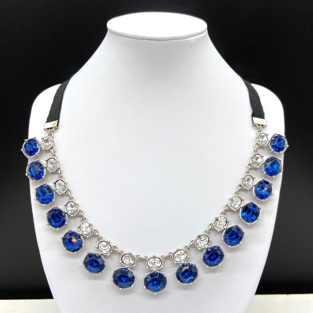 Blue Clear Rhinestone Black Ribbon Necklace